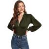 imageLYANER Womens Lace Trim V Neck Puff Long Sleeve Leotard Bodysuit TopsArmy Green