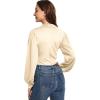 imageLYANER Womens Lace Trim V Neck Puff Long Sleeve Leotard Bodysuit TopsBeige
