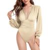 imageLYANER Womens Lace Trim V Neck Puff Long Sleeve Leotard Bodysuit TopsBeige