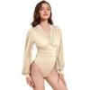 imageLYANER Womens Lace Trim V Neck Puff Long Sleeve Leotard Bodysuit TopsBeige
