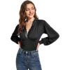 imageLYANER Womens Lace Trim V Neck Puff Long Sleeve Leotard Bodysuit TopsBlack