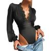 imageLYANER Womens Lace Trim V Neck Puff Long Sleeve Leotard Bodysuit TopsBlack
