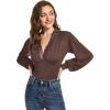 imageLYANER Womens Lace Trim V Neck Puff Long Sleeve Leotard Bodysuit TopsBrown