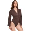 imageLYANER Womens Lace Trim V Neck Puff Long Sleeve Leotard Bodysuit TopsBrown