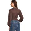 imageLYANER Womens Lace Trim V Neck Puff Long Sleeve Leotard Bodysuit TopsBrown