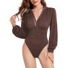 imageLYANER Womens Lace Trim V Neck Puff Long Sleeve Leotard Bodysuit TopsBrown