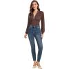 imageLYANER Womens Lace Trim V Neck Puff Long Sleeve Leotard Bodysuit TopsBrown