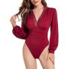 imageLYANER Womens Lace Trim V Neck Puff Long Sleeve Leotard Bodysuit TopsBurgundy