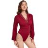 imageLYANER Womens Lace Trim V Neck Puff Long Sleeve Leotard Bodysuit TopsBurgundy