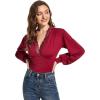 imageLYANER Womens Lace Trim V Neck Puff Long Sleeve Leotard Bodysuit TopsBurgundy