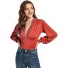 imageLYANER Womens Lace Trim V Neck Puff Long Sleeve Leotard Bodysuit TopsBurnt Orange