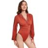 imageLYANER Womens Lace Trim V Neck Puff Long Sleeve Leotard Bodysuit TopsBurnt Orange