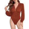 imageLYANER Womens Lace Trim V Neck Puff Long Sleeve Leotard Bodysuit TopsCaramel Brown