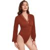 imageLYANER Womens Lace Trim V Neck Puff Long Sleeve Leotard Bodysuit TopsCaramel Brown