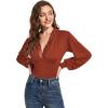 imageLYANER Womens Lace Trim V Neck Puff Long Sleeve Leotard Bodysuit TopsCaramel Brown
