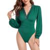 imageLYANER Womens Lace Trim V Neck Puff Long Sleeve Leotard Bodysuit TopsDark Teal Green