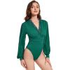 imageLYANER Womens Lace Trim V Neck Puff Long Sleeve Leotard Bodysuit TopsDark Teal Green