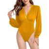 imageLYANER Womens Lace Trim V Neck Puff Long Sleeve Leotard Bodysuit TopsGinger