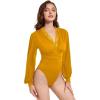 imageLYANER Womens Lace Trim V Neck Puff Long Sleeve Leotard Bodysuit TopsGinger