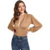 imageLYANER Womens Lace Trim V Neck Puff Long Sleeve Leotard Bodysuit TopsKhaki