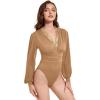 imageLYANER Womens Lace Trim V Neck Puff Long Sleeve Leotard Bodysuit TopsKhaki
