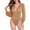 imageLYANER Womens Lace Trim V Neck Puff Long Sleeve Leotard Bodysuit TopsKhaki