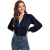 imageLYANER Womens Lace Trim V Neck Puff Long Sleeve Leotard Bodysuit TopsNavy