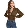 imageLYANER Womens Lace Trim V Neck Puff Long Sleeve Leotard Bodysuit TopsOlive Green