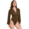 imageLYANER Womens Lace Trim V Neck Puff Long Sleeve Leotard Bodysuit TopsOlive Green