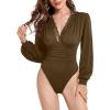 imageLYANER Womens Lace Trim V Neck Puff Long Sleeve Leotard Bodysuit TopsOlive Green