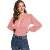 imageLYANER Womens Lace Trim V Neck Puff Long Sleeve Leotard Bodysuit TopsPink