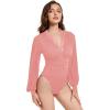imageLYANER Womens Lace Trim V Neck Puff Long Sleeve Leotard Bodysuit TopsPink