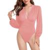 imageLYANER Womens Lace Trim V Neck Puff Long Sleeve Leotard Bodysuit TopsPink