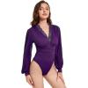 imageLYANER Womens Lace Trim V Neck Puff Long Sleeve Leotard Bodysuit TopsPurple