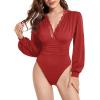 imageLYANER Womens Lace Trim V Neck Puff Long Sleeve Leotard Bodysuit TopsRed