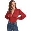imageLYANER Womens Lace Trim V Neck Puff Long Sleeve Leotard Bodysuit TopsRed
