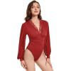 imageLYANER Womens Lace Trim V Neck Puff Long Sleeve Leotard Bodysuit TopsRed