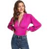 imageLYANER Womens Lace Trim V Neck Puff Long Sleeve Leotard Bodysuit TopsRose Pink