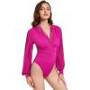 imageLYANER Womens Lace Trim V Neck Puff Long Sleeve Leotard Bodysuit TopsRose Pink