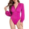 imageLYANER Womens Lace Trim V Neck Puff Long Sleeve Leotard Bodysuit TopsRose Pink