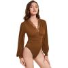 imageLYANER Womens Lace Trim V Neck Puff Long Sleeve Leotard Bodysuit TopsSolid Caramel