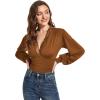 imageLYANER Womens Lace Trim V Neck Puff Long Sleeve Leotard Bodysuit TopsSolid Caramel