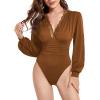 imageLYANER Womens Lace Trim V Neck Puff Long Sleeve Leotard Bodysuit TopsSolid Caramel