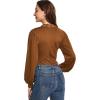 imageLYANER Womens Lace Trim V Neck Puff Long Sleeve Leotard Bodysuit TopsSolid Caramel