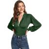 imageLYANER Womens Lace Trim V Neck Puff Long Sleeve Leotard Bodysuit TopsSolid Dark Green