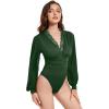 imageLYANER Womens Lace Trim V Neck Puff Long Sleeve Leotard Bodysuit TopsSolid Dark Green