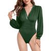 imageLYANER Womens Lace Trim V Neck Puff Long Sleeve Leotard Bodysuit TopsSolid Dark Green