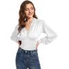 imageLYANER Womens Lace Trim V Neck Puff Long Sleeve Leotard Bodysuit TopsWhite