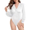 imageLYANER Womens Lace Trim V Neck Puff Long Sleeve Leotard Bodysuit TopsWhite