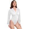 imageLYANER Womens Lace Trim V Neck Puff Long Sleeve Leotard Bodysuit TopsWhite